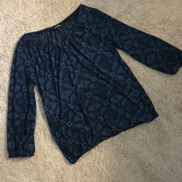 Moody Blue Semi Sheer V-neck Tribal Boho Blouse - Picture 11 of 15